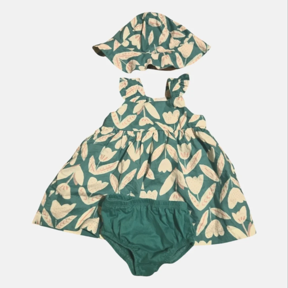 Carter 6M Green Floral Baby Dress with Hat